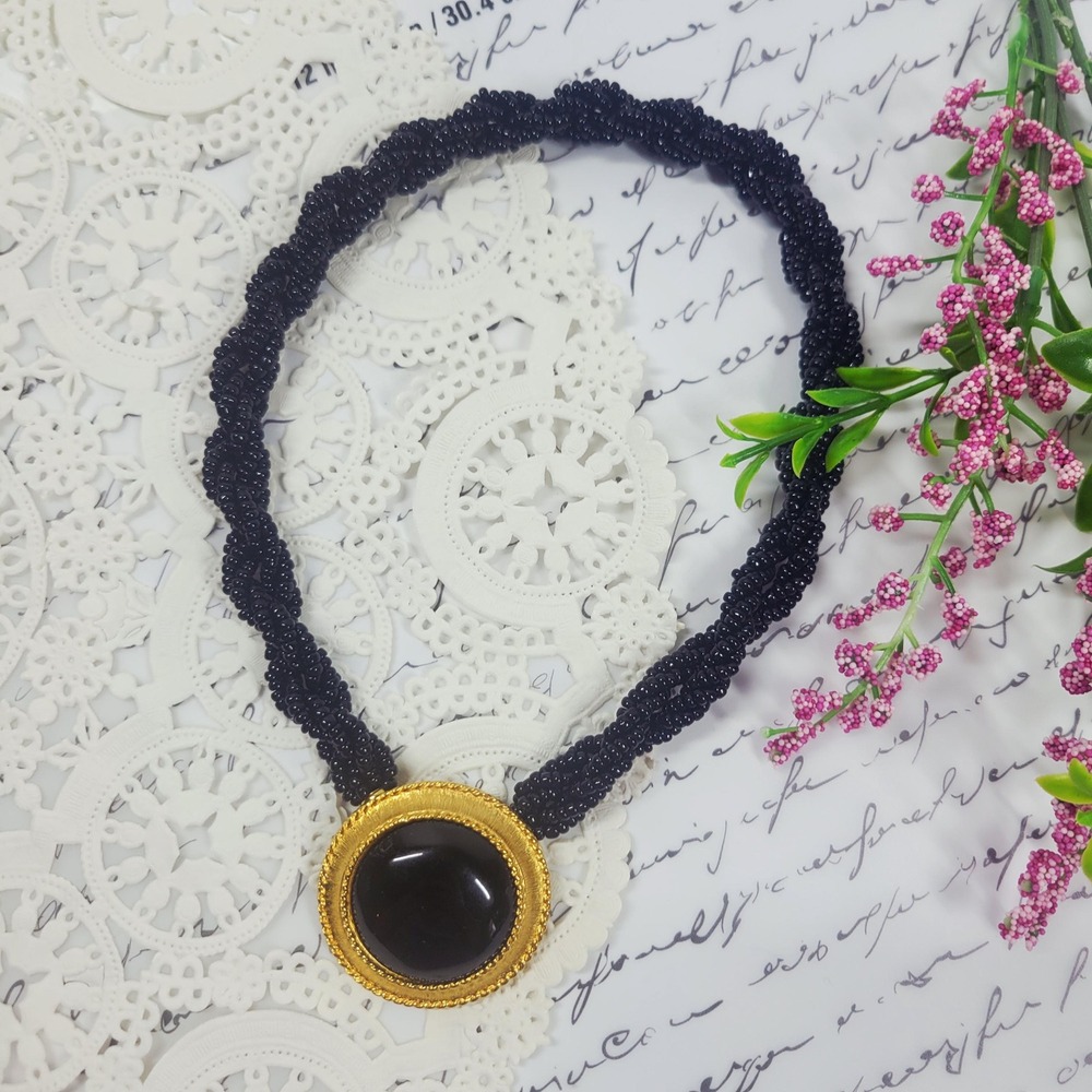 Vintage Trifari Black Cabochon Choker Necklace 1980s, Multi Strand Black Beads